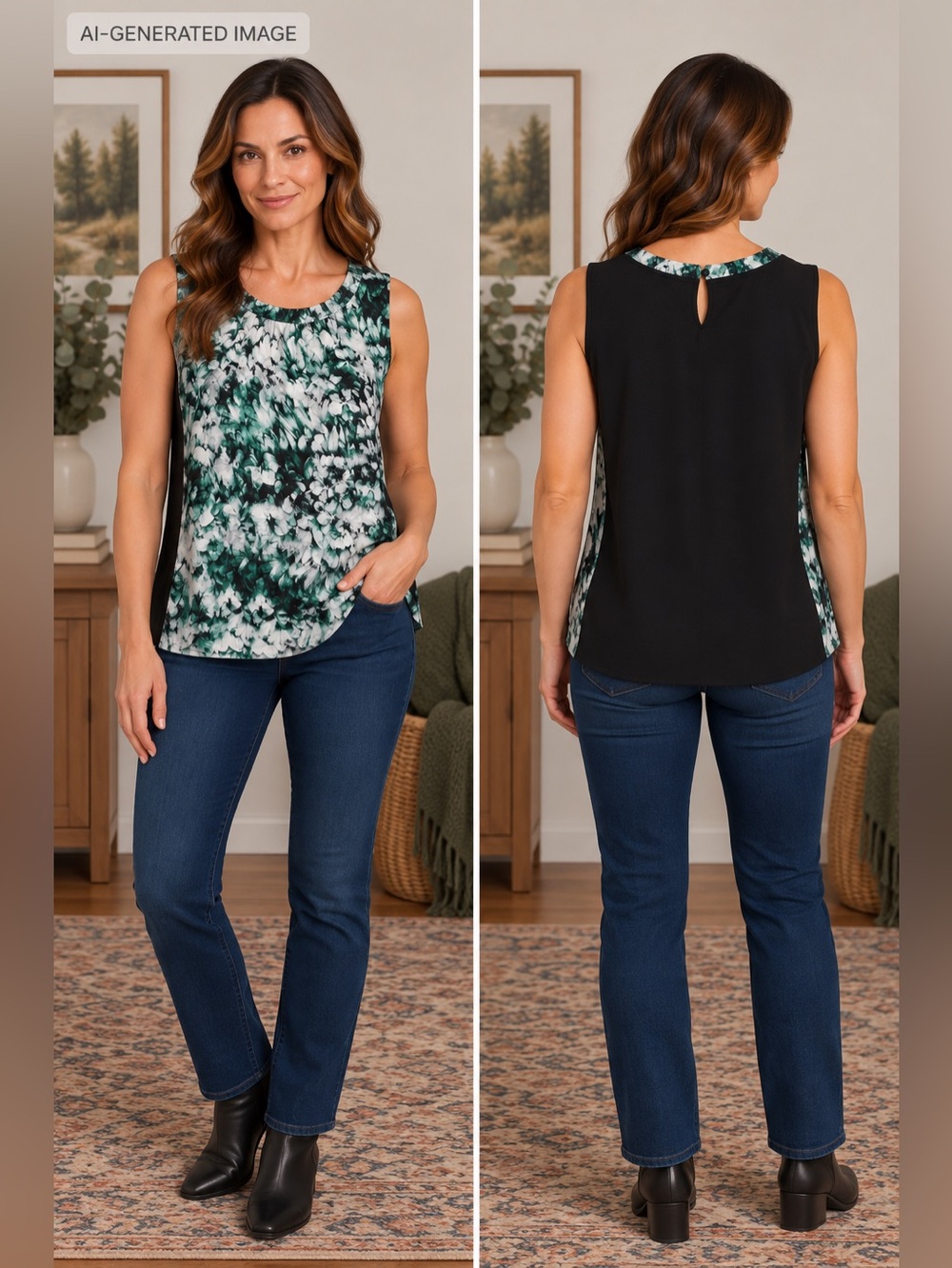 Ricki’s Emerald Green Black & White Floral Sleeveless Top